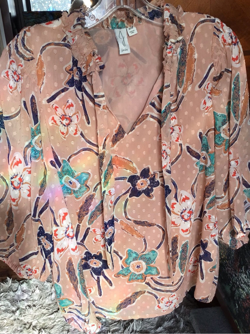 Joie Peach Floral V-Neck Ruffle Blouse